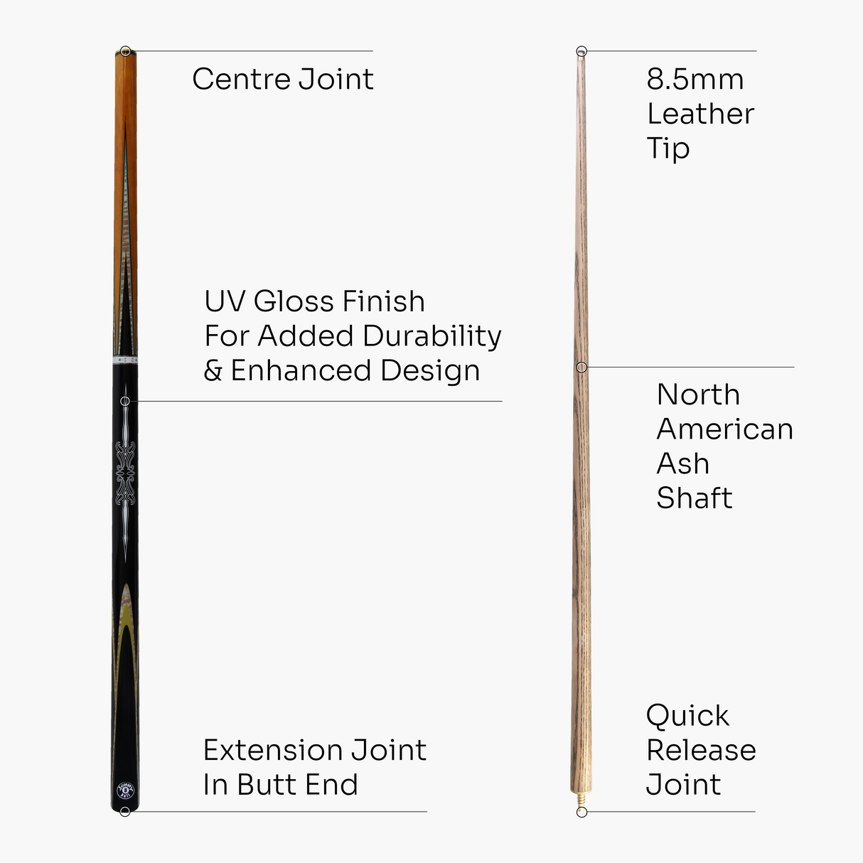 Jonny 8 Ball BLACK SUN 57 Inch 2 Piece Centre Joint Ash English Pool Cue with 8.5mm Tip