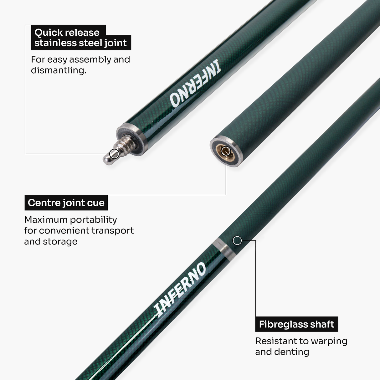 Jonny 8 Ball Inferno 2 Piece Graphite Fiberglass Cue and Case Set 9.5mm Green Layered Tip