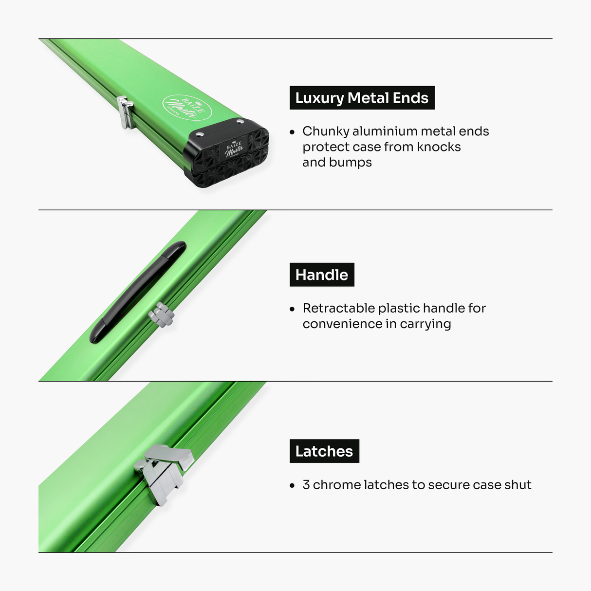 Baize Master Summit One Piece Three Slot Luxury Aluminium Snooker and Pool Cue Case with Chunky Metal Ends – Holds 3 x One Piece Cues