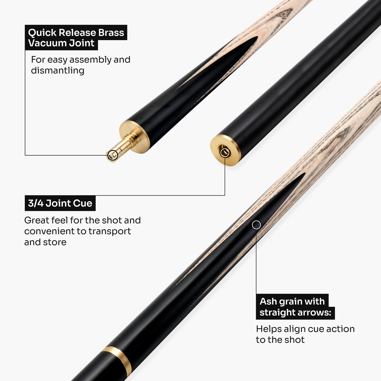 PRO147 Black & White STRIKER 57 Inch 3/4 Snooker Pool Cue with 9.5mm Tip - Mini Butt Included