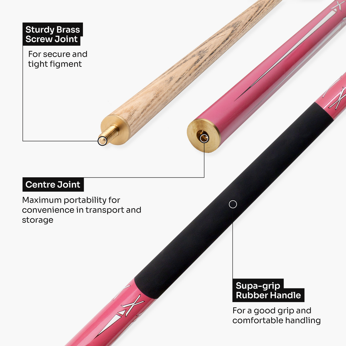 Jonny 8 Ball PINK TORPEDO 48 Inch 2 Piece Junior Kids Snooker Pool Cue 9.5mm Tip