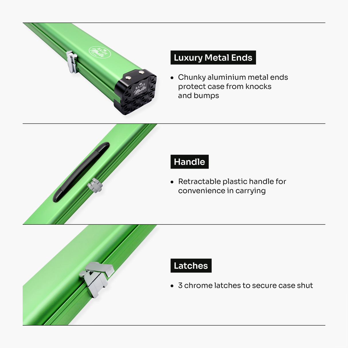 Baize Master Summit ¾ 2 Slot Luxury Aluminium Snooker and Pool Cue Case with Chunky Metal Ends – Holds 1 x ¾ Joint Cue + Extensions