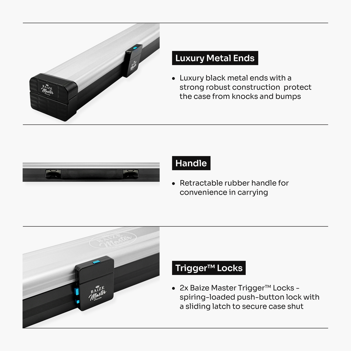 Baize Master Fusion One Piece 2 Slot Luxury Aluminium Snooker and Pool Cue Case with Trigger™ Lock – Holds 2 x One Piece Cues Baize Master