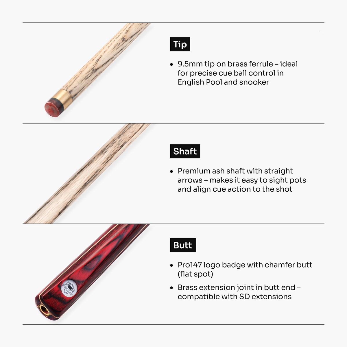 PRO147 Trident 1 Piece Snooker and Pool Cue and Case Set with 9.5mm Layered Tip
