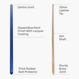 Jonny 8 Ball 36 inch BLUE JET JUNIOR 2pc Ash Pool Snooker Cue - 10mm Tip