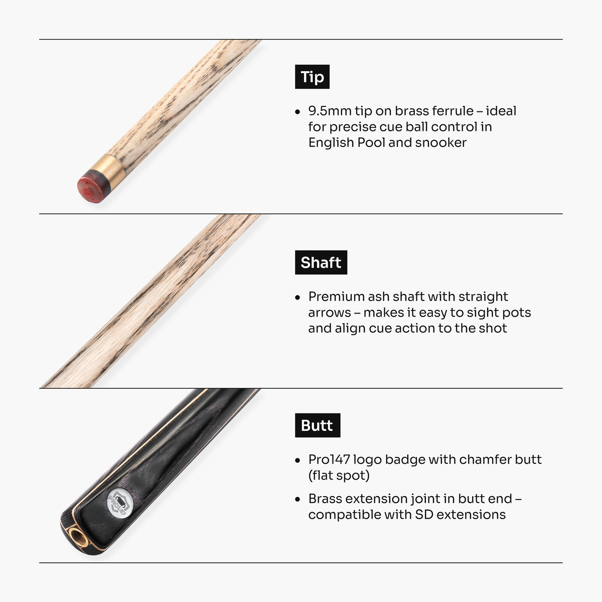 PRO147 Trident 1 Piece Snooker and Pool Cue and Case Set with 9.5mm Layered Tip