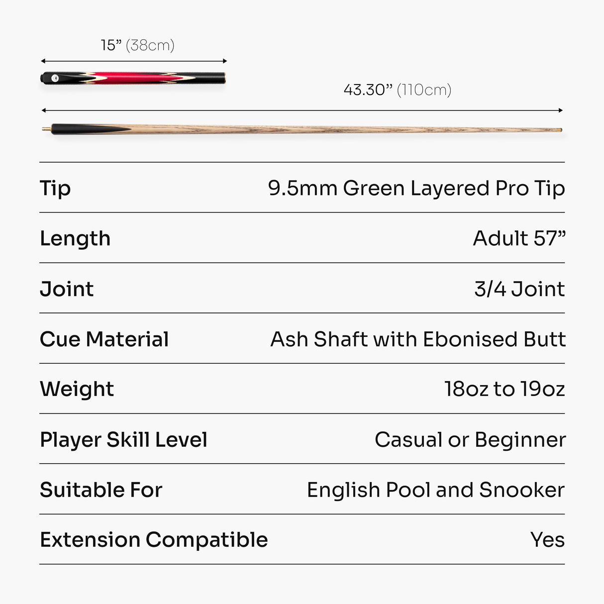 PRO147 Lancet 3/4 Joint Snooker and Pool Cue with 9.5mm Green Layered Tip