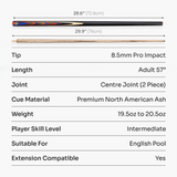 Baize Master BLACKLINE CLASSIC 2 Piece English Pool Cue 8.5mm Baize Master Pro Impact Tip