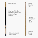 Jonny 8 Ball 57 Inch 3 Piece Length Adjustable Snooker Pool Cue 9mm Tip - Shorten to 44"
