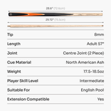 Jonny 8 Ball Sniper 2 Piece English Pool Cue and Case Set 8mm Pro Tip With Black Hard Case