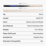 Jonny 8 Ball Sniper 3/4 Pool Cue and Case Set 8mm Tip with Black Hard Case + Mini Butt