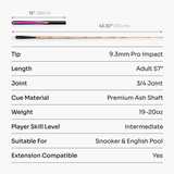 PRO147 Jester 57 Inch 3/4 Joint Hand Spliced Snooker and Pool Cue with 9.3mm Pro Tip PRO147
