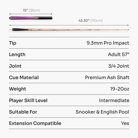 PRO147 Jester 57 Inch 3/4 Joint Hand Spliced Snooker and Pool Cue with 9.3mm Pro Tip PRO147