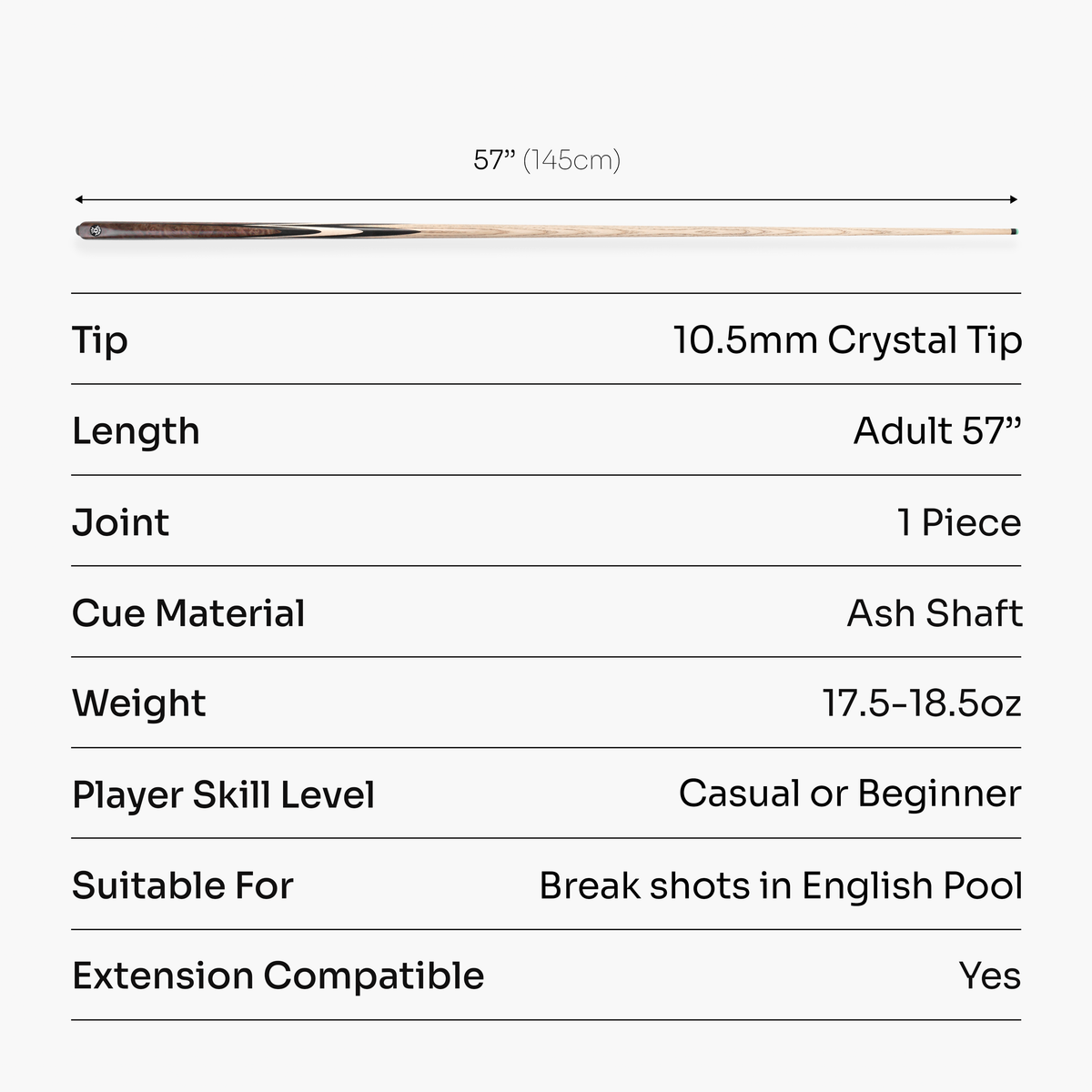 Jonny 8 Ball Juggernaut 57 Inch 1 Piece Ash English Pool Break Cue with Phenolic Ferrule and 10.5mm Crystal Tip