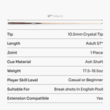 Jonny 8 Ball Juggernaut 57 Inch 1 Piece Ash English Pool Break Cue with Phenolic Ferrule and 10.5mm Crystal Tip