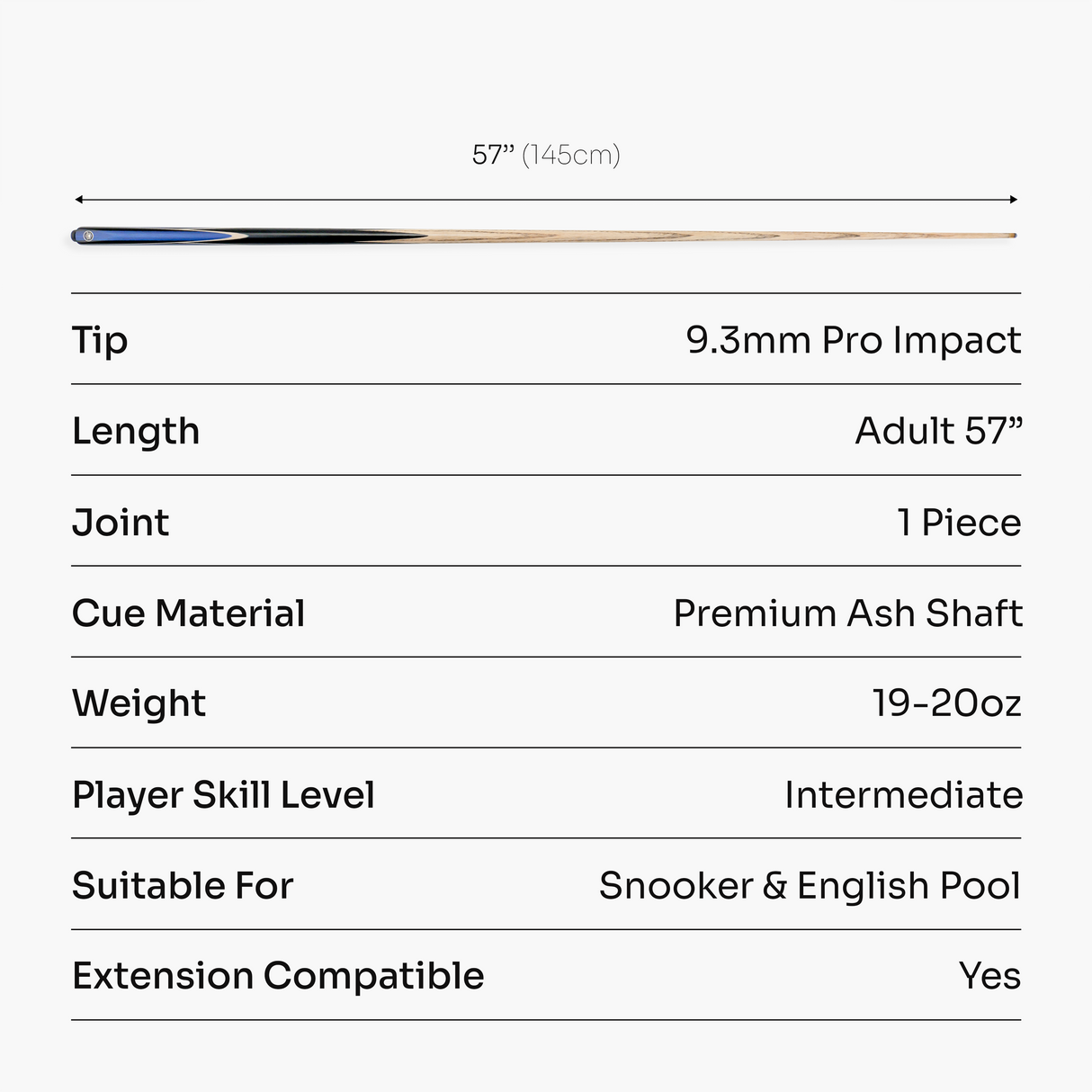 PRO147 Jester 57 Inch One Piece Snooker and Pool Cue with 9.3mm Pro Tip PRO147