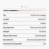PRO147 Jester 57 Inch One Piece Snooker and Pool Cue with 9.3mm Pro Tip PRO147