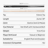 Jonny 8 Ball BLACK TORPEDO 48 Inch 2 Piece Junior Kids Snooker Pool Cue 9.5mm Tip