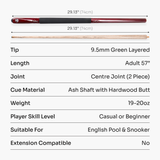 Jonny 8 Ball Torpedo 57 Inch 2 Piece Snooker and Pool Cue with 9.5mm Layered Tip