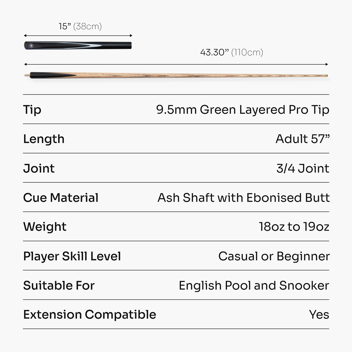 PRO147 Black & White STRIKER 57 Inch 3/4 Snooker Pool Cue with 9.5mm Tip - Mini Butt Included