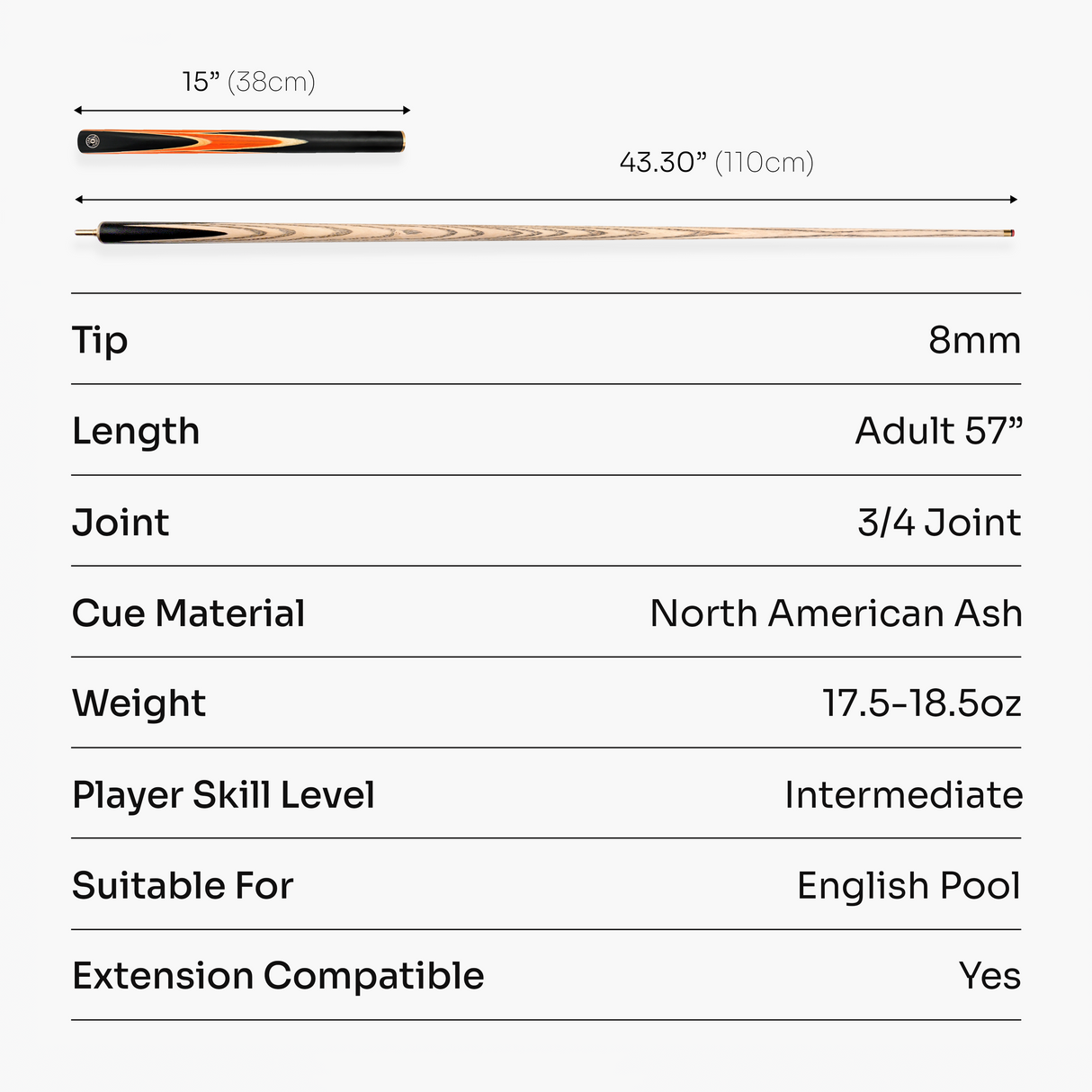 Jonny 8 Ball 3/4 SNIPER 57 Inch Ash English Pool Cue with 8mm Layered Pro Tip