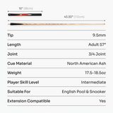 Baize Master Crucible 57 Inch 3/4 Jointed Snooker Pool Cue and Case Set 9.5mm Tip