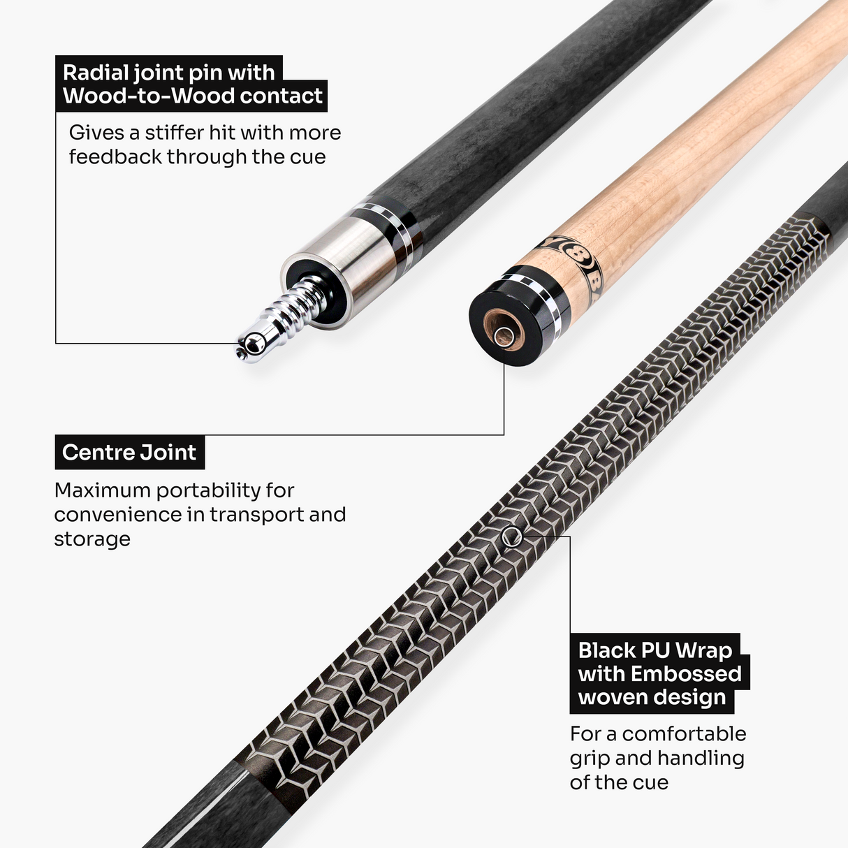 Jonny 8 Ball IRONWEAVE 2 Piece American Pool Cue and Case Set with 12.5mm Layered Leather Tip
