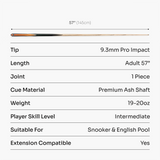 PRO147 Jester 57 Inch One Piece Snooker and Pool Cue with 9.3mm Pro Tip PRO147