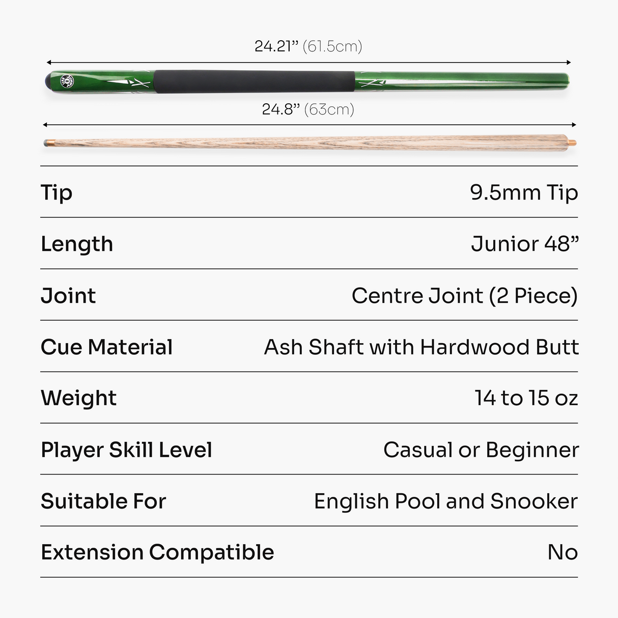 Jonny 8 Ball GREEN TORPEDO 48 Inch 2 Piece Junior Kids Snooker Pool Cue and Hard Case Set 9.5mm Tip