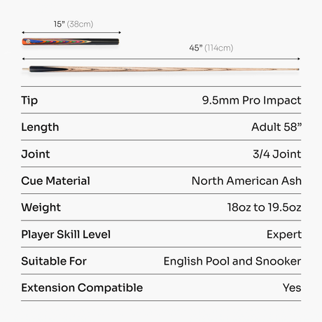 Baize Master Prism Centurion 58 Inch 3/4 Joint Hand Spliced Snooker and Pool Cue with 9.5mm Pro Impact Hybrid Tip Baize Master