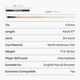 Baize Master Crucible 57 Inch 3/4 Jointed Snooker Pool Cue and Case Set 9.5mm Tip