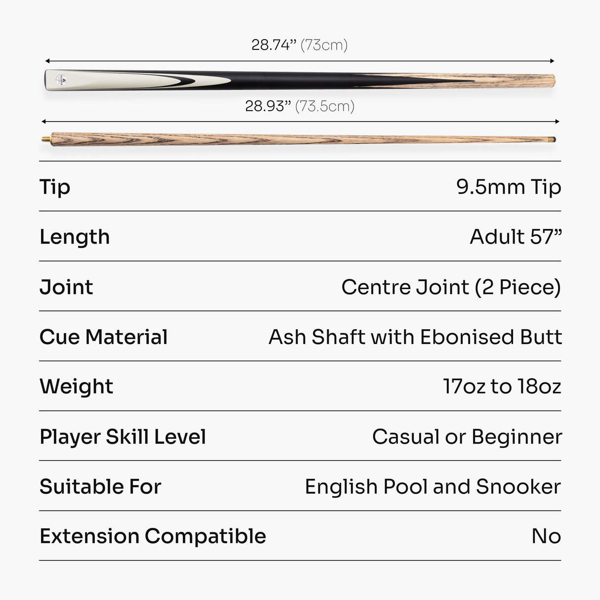 Kudos Classic Range 57 Inch Heavy Weight 2 Piece Traditional Ash Snooker Pool Cue with 9.5mm Tip