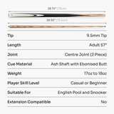 Kudos Classic Range 57 Inch Heavy Weight 2 Piece Traditional Ash Snooker Pool Cue with 9.5mm Tip