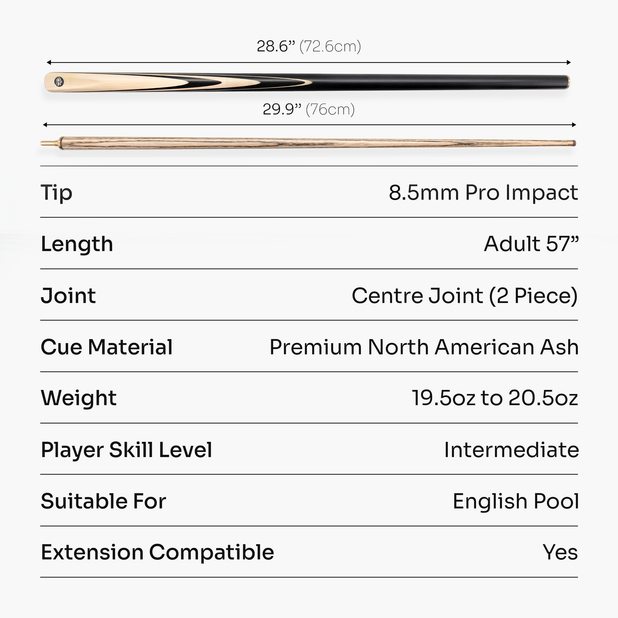 Baize Master BLACKLINE CLASSIC 2 Piece English Pool Cue 8.5mm Baize Master Pro Impact Tip