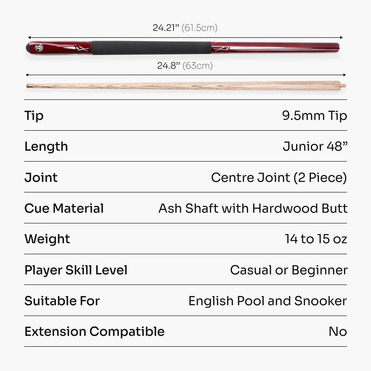 Jonny 8 Ball RED TORPEDO 48 Inch 2 Piece Junior Kids Snooker Pool Cue and Hard Case Set 9.5mm Tip