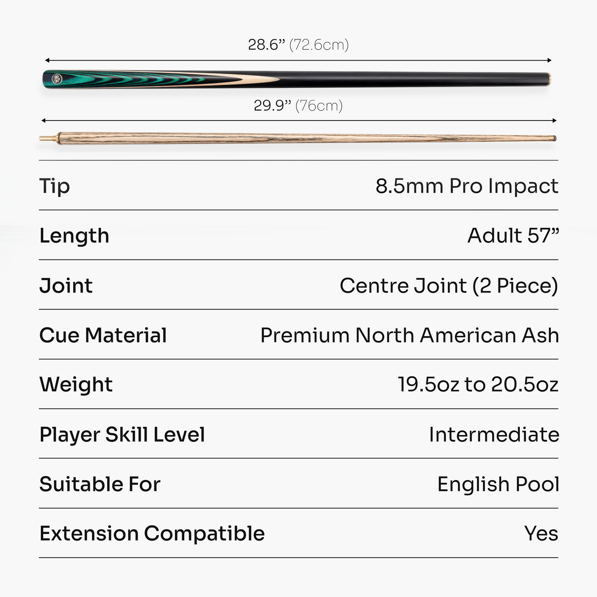 Baize Master BLACKLINE CLASSIC 2 Piece English Pool Cue and Case Set 8.5mm Pro Impact Tip
