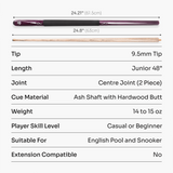 Jonny 8 Ball Purple Torpedo 48 Inch 2 Piece Junior Kids Snooker and Pool Cue 9.5mm Tip