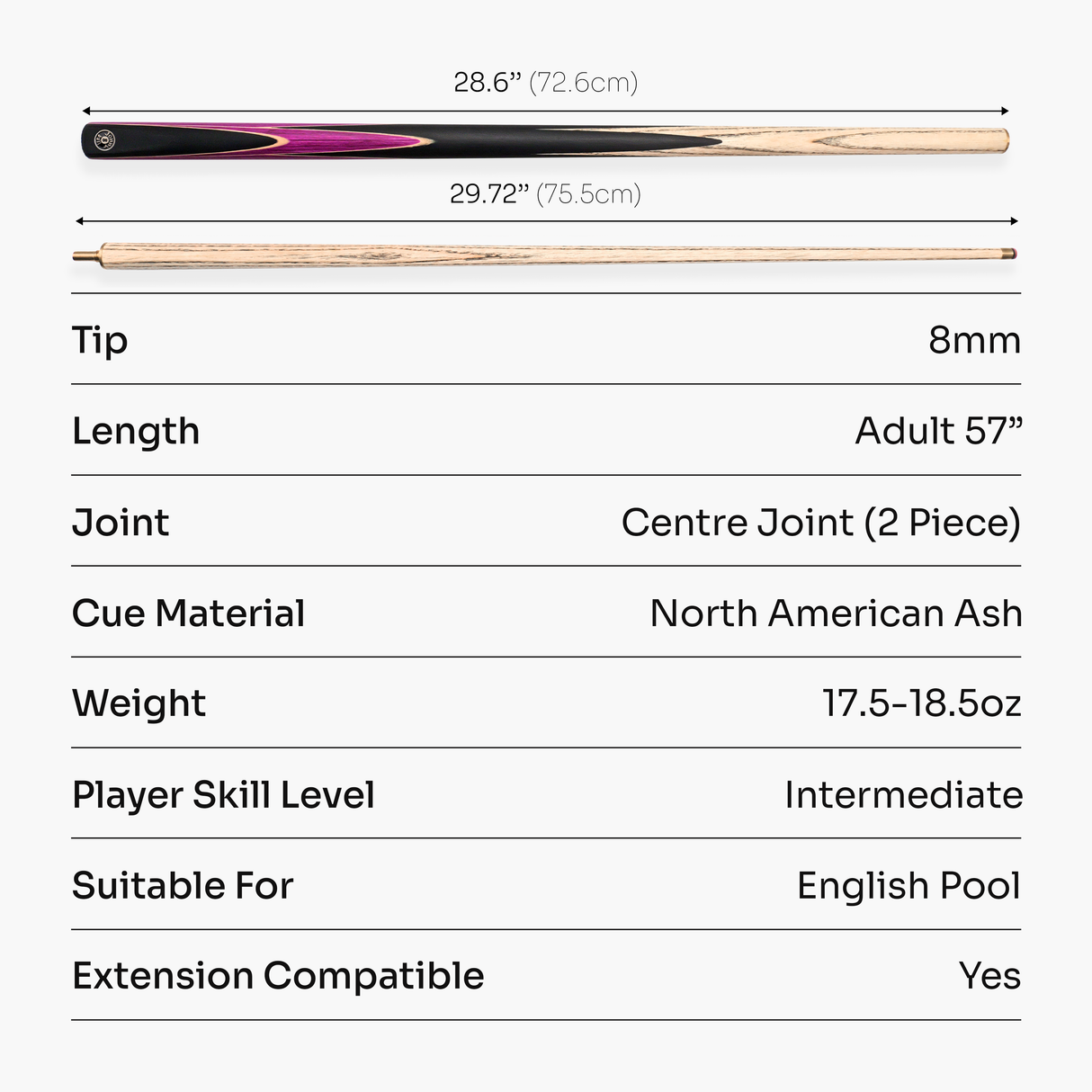 Jonny 8 Ball 2 Piece SNIPER 57 Inch Ash English Pool Cue with 8mm Pro Leather Tip