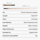 Baize Master Tiger Marksman ¾ Joint English Pool Cue and Case Set with 8.5mm Baize Master Blue Pressed Tip