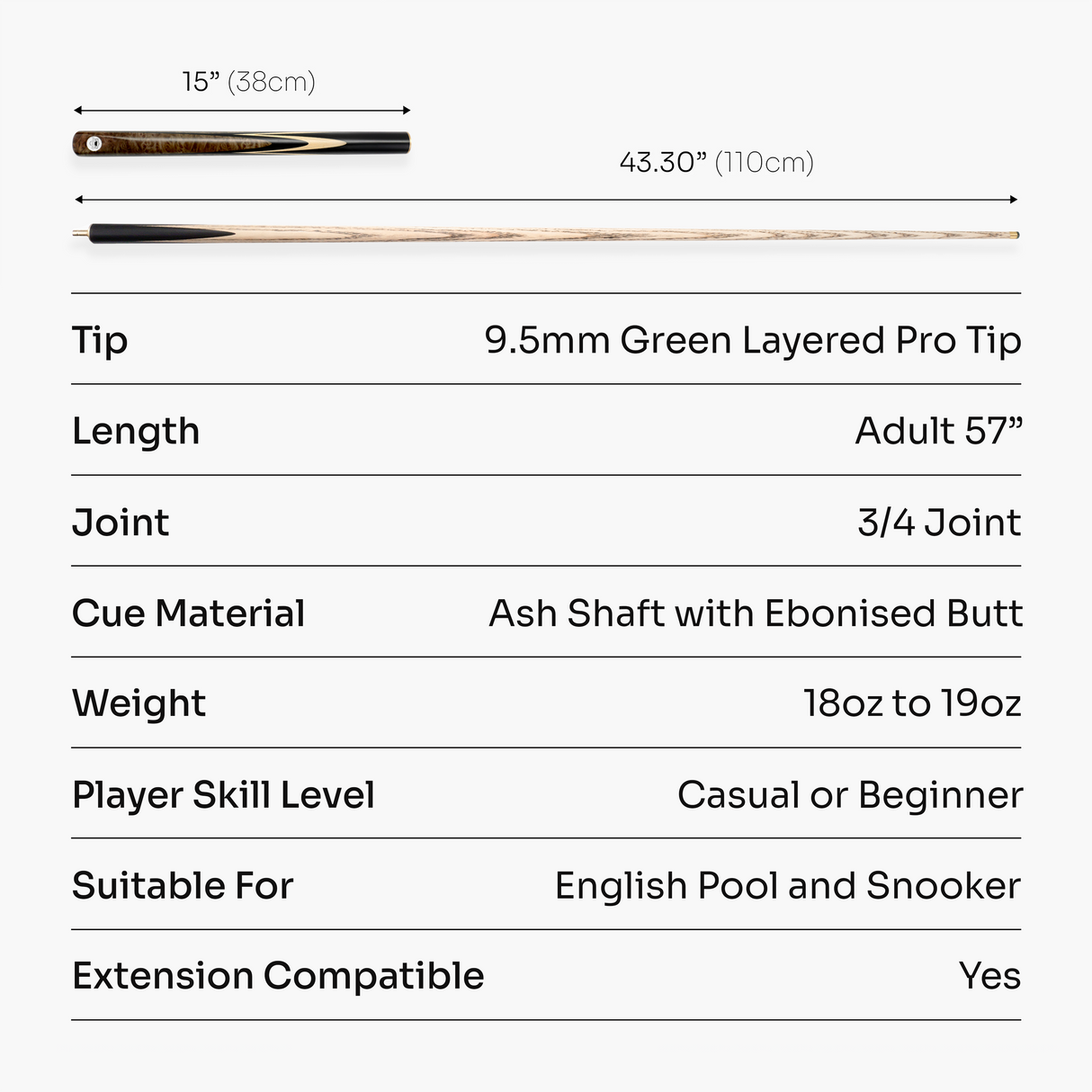 PRO147 Maple Eclipse 3/4 Joint Snooker and Pool Standard Cue and Case Set with 9.5mm Green Layered Tip