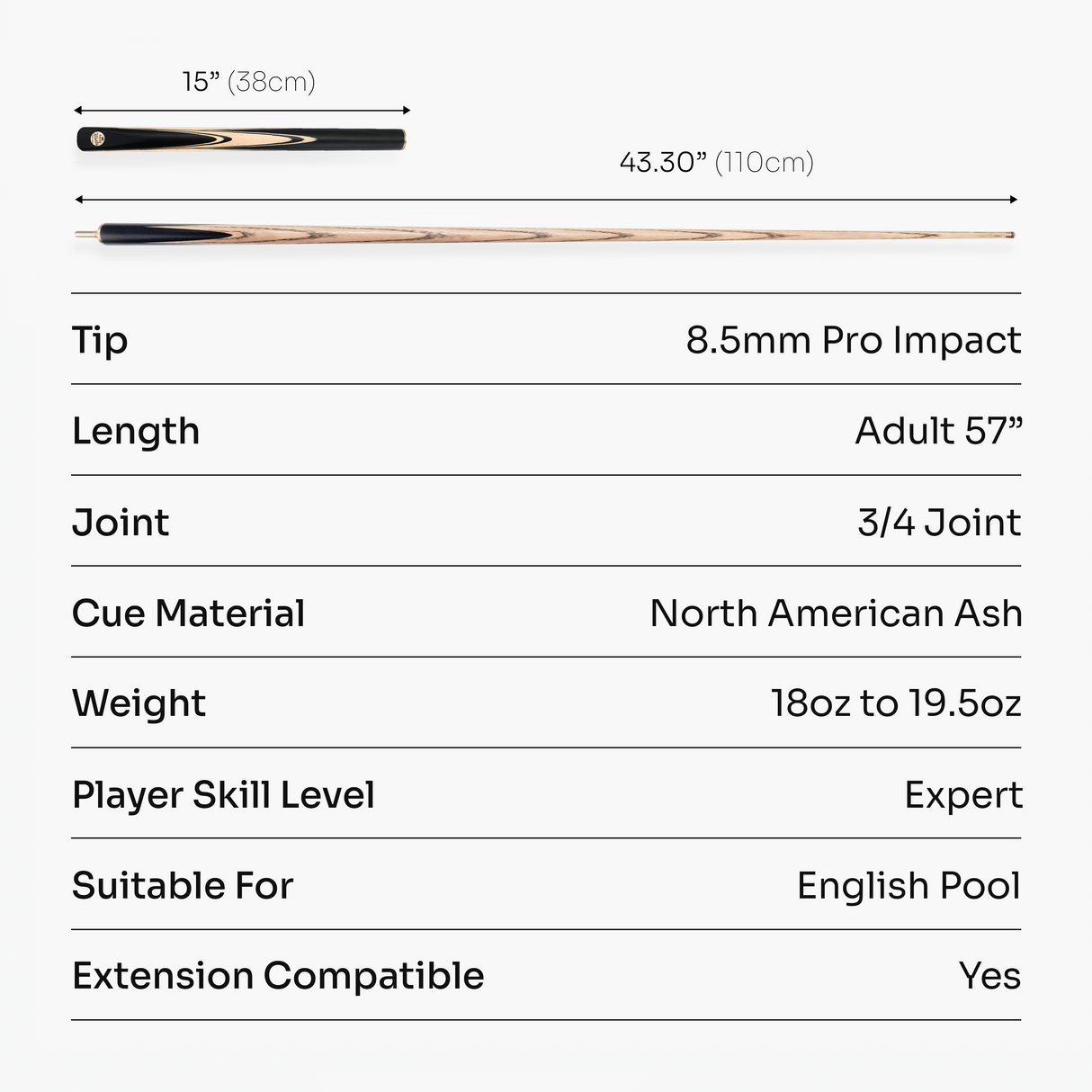 Baize Master Lunar Marksman ¾ Joint English Pool Cue with 8.5mm Baize Master Pro Impact Hybrid Tip
