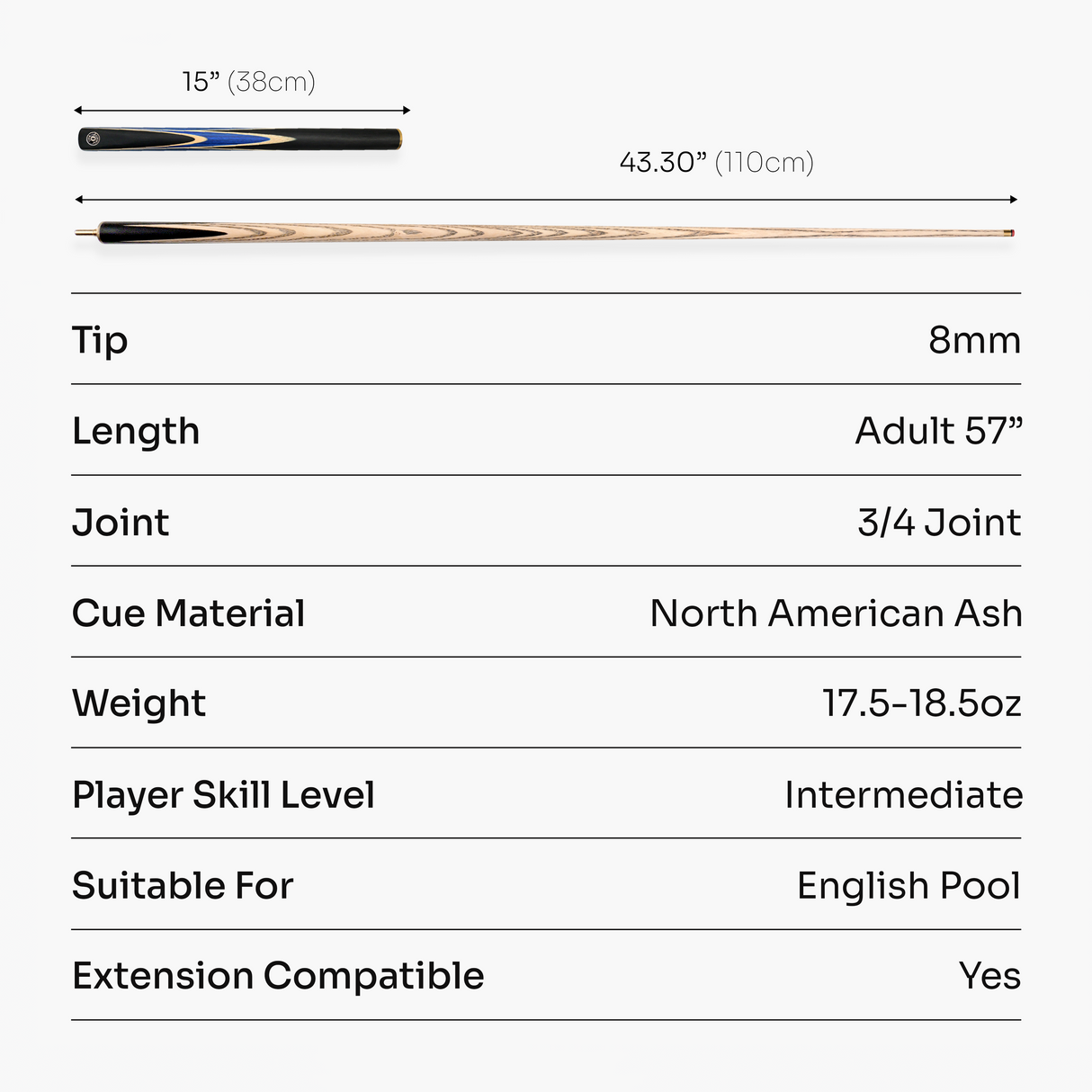 Jonny 8 Ball 3/4 SNIPER 57 Inch Ash English Pool Cue with 8mm Layered Pro Tip