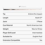 Baize Master Silver Marksman 57 Inch 1 Piece English Pool Cue with 8.5mm Baize Master Pro Impact Tip