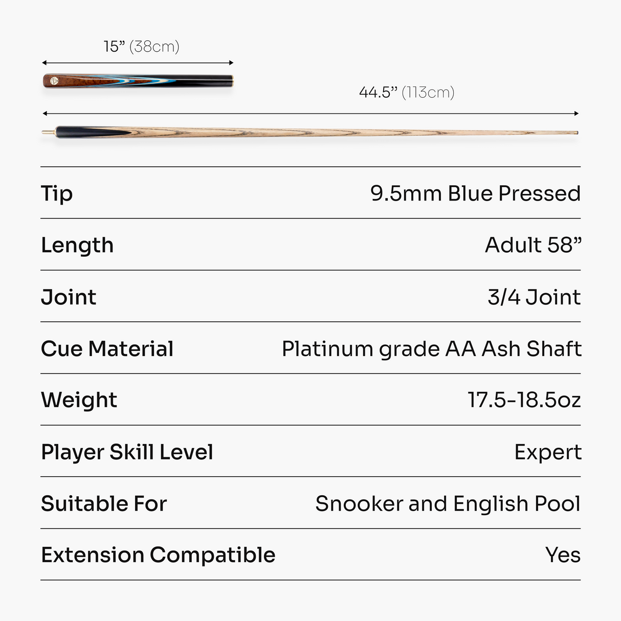 Baize Master Platinum Series Majestique 58 Inch ¾ Joint Hand Spliced Luxury Ash Snooker and Pool Cue with 8.5mm Baize Master Blue Pressed Tip and Genuine Ebony Butt