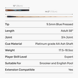Baize Master Platinum Series Majestique 58 Inch ¾ Joint Hand Spliced Luxury Ash Snooker and Pool Cue with 8.5mm Baize Master Blue Pressed Tip and Genuine Ebony Butt
