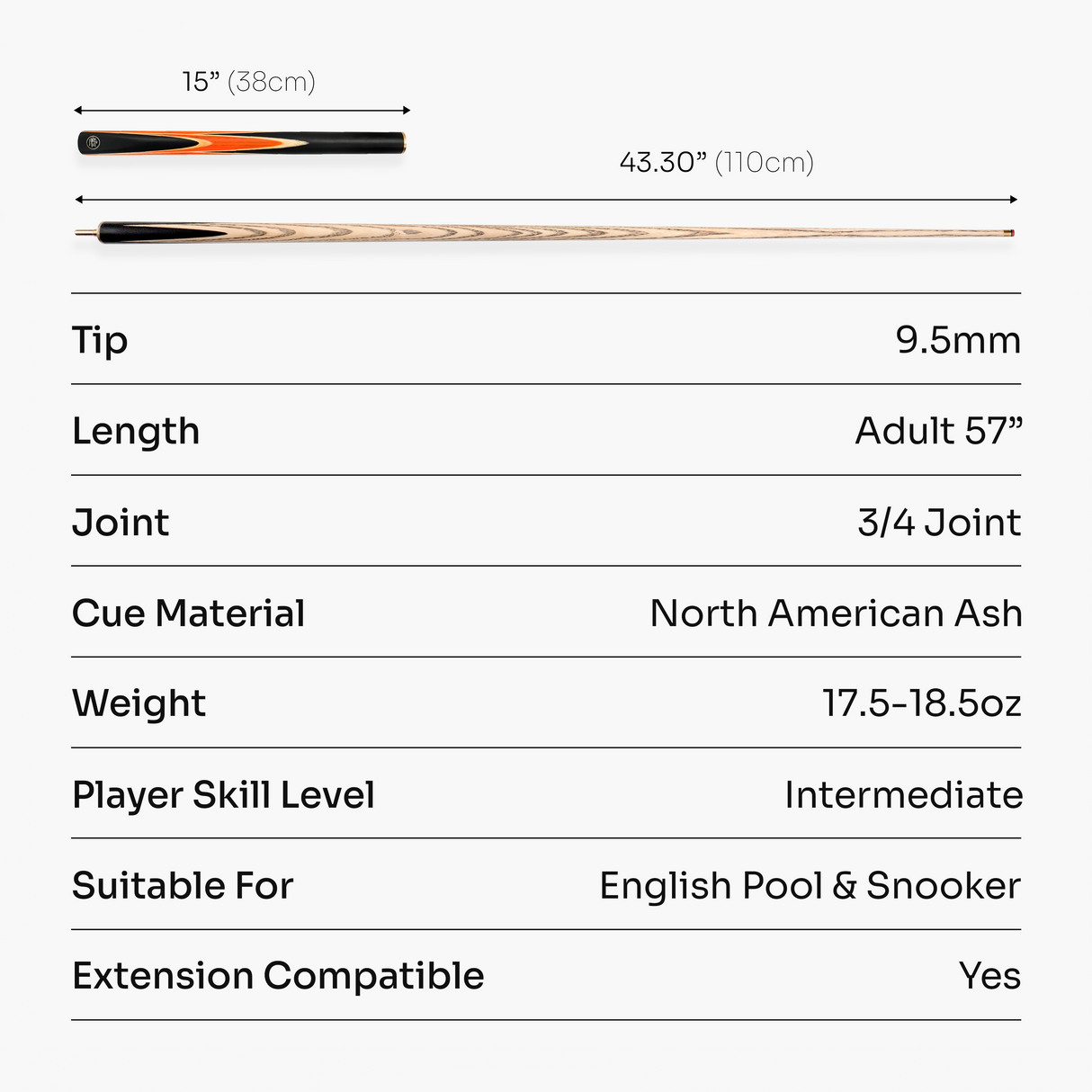 Baize Master 3/4 CRUCIBLE Hand Spliced 57 Inch Ash Snooker Pool Cue with 9.5mm Tip + Mini Butt Extension