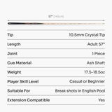 Jonny 8 Ball Juggernaut 57 Inch 1 Piece Ash English Pool Break Cue with Phenolic Ferrule and 10.5mm Crystal Tip