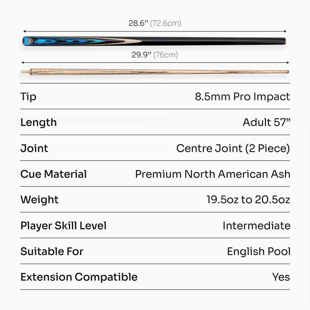 Baize Master BLACKLINE CLASSIC 2 Piece English Pool Cue and Case Set 8.5mm Pro Impact Tip