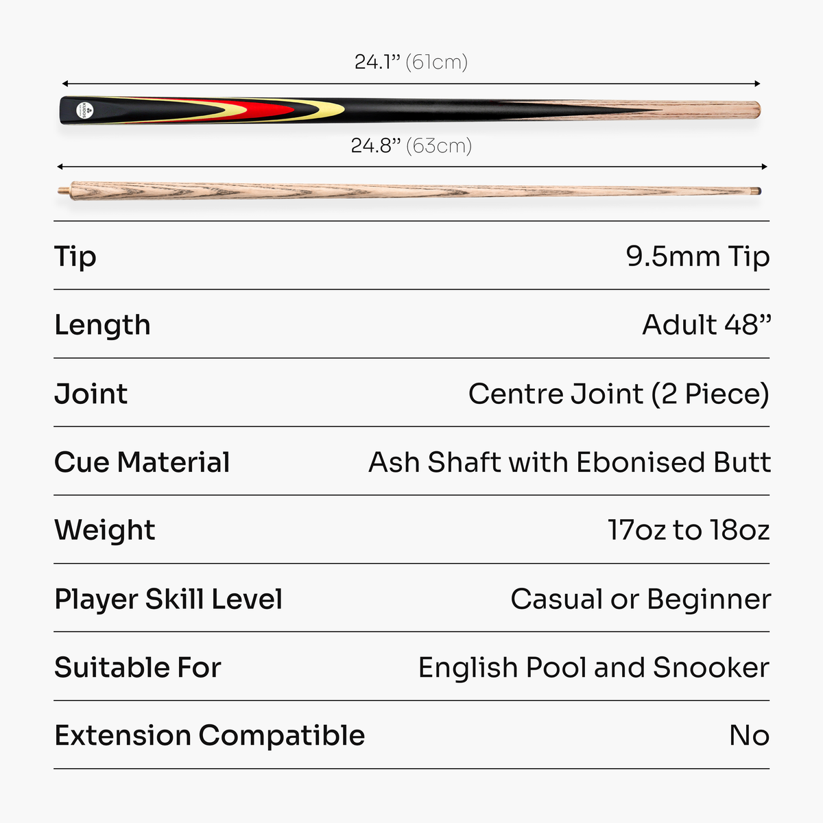 Kudos Junior Pulse 48 Inch 2 Piece Kids Snooker and Pool Cue with 9.5mm Tip