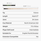 Baize Master Crucible 57 Inch 3/4 Jointed Snooker Pool Cue and Case Set 9.5mm Tip